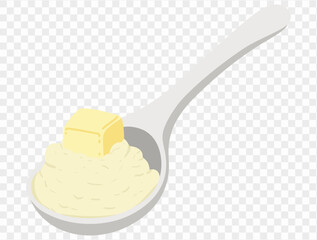 Thanksgiving mashed potatoes with pat of melted butter on top, served on spoon in minimalist style and transparent background. Perfect for Thanksgiving designs and holiday food illustrations