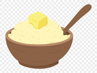 Thanksgiving mashed potatoes with a pat of melted butter on top, in a minimalist style and transparent background. Perfect for Thanksgiving designs and holiday food illustrations