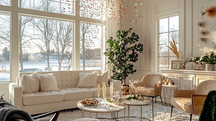 Luxurious and cozy living room decked out for an elegant New Year s Eve a champagne bucket sparkling confetti and shimmering silver accents that create a festive and inviting atmosphere