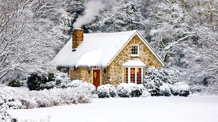 Naklejka premium Stone Cottage with Snow-Covered Roof and Icicles