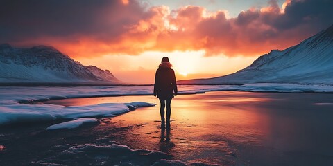 Fototapeta premium Silhouette of a Woman Standing on a Frozen Lake at Sunset