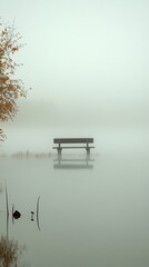 Obraz premium solitary bench by foggy lake with autumn