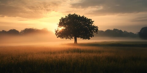 Fototapeta premium Single tree silhouette in foggy field at sunrise