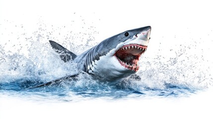 Naklejka premium Great white shark breaching water, dynamic action