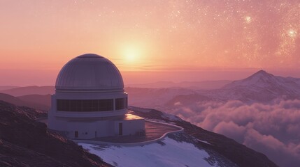 Obraz premium Photograph an observatory at twilight, with the last rays of sunlight casting a warm glow on the dome before the stars take over the sky