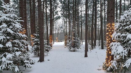 Fototapeta premium Snowy pine forest adorned with twinkling holiday lights creating a serene and peaceful atmosphere that captures the essence of the New Year s