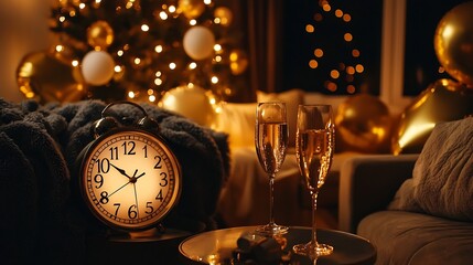 Stylish and cozy living room decorated with festive New Year s elements including a clock nearing midnight colorful balloons and ambient warm lighting