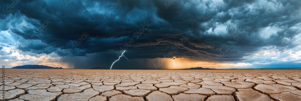 Poster dark storm clouds gather over a parched desert, revealing glimpses of lightning in the distance as e