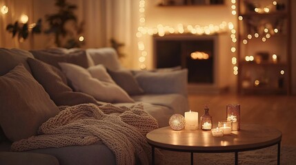 Warm and inviting living room decor with elegant Christmas ornaments softly glowing string lights and a cozy seating area creating a festive and comfortable ambiance for the holiday season