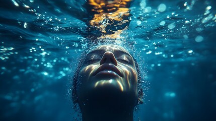 Ethereal Portrait Beneath Water with Glimmering Sunlight Reflections, Water Droplets, and Soft Mist Creating a Dreamlike Underwater Experience