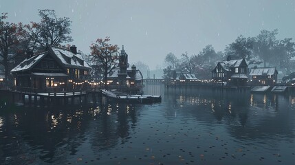 Fototapeta premium Water Village in the Rain - A Winter Fantasy