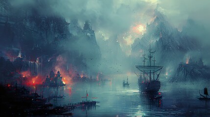 Fototapeta premium Mystical City Harbor: A Fantasy Landscape with Glowing Lights and Sailing Ships