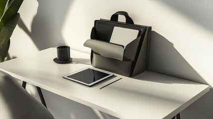 A white desk with a black leather bag, a tablet, and a pen. A black coffee mug is in the background.