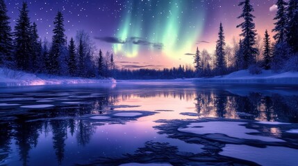 Fototapeta premium Showcase the aurora dancing above a frozen lake, reflecting the beautiful green and purple colors in the calm water.