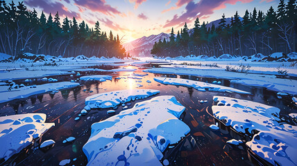 Snowy landscape with a frozen river. Background