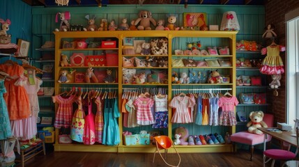 Fototapeta premium A woman’s wardrobe rack filled with a variety of colorful, neatly organized clothes. The vibrant hues and diverse styles are arranged cleanly, offering an easy view of the fashionable, well-kept colle