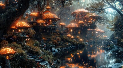Fototapeta premium Enchanted Forest Village: Glowing Mushroom Houses and a Magical River