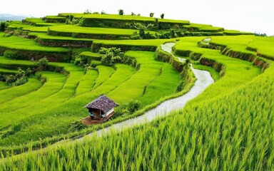 Fototapeta premium Serene Rice Terraces: A winding path meanders through vibrant green rice terraces, leading to a quaint hut nestled amidst the lush landscape.