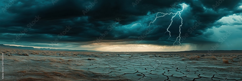 Aufkleber dark clouds loom over a parched desert, while lightning strikes, marking the onset of a powerful sto