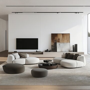 overview over the Minotti sofa in big living room that is high detailed contemporary modern Minotti brand style, tv wall, bright white walls, art and designer decor furniture pieces, generative ai