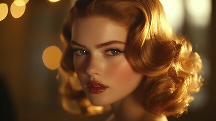 Fototapeta premium Hair model in a glamorous evening setting, styled with perfectly sculpted vintage waves, warm golden hour light illuminating the curls, smooth and glossy texture, elegant dress,