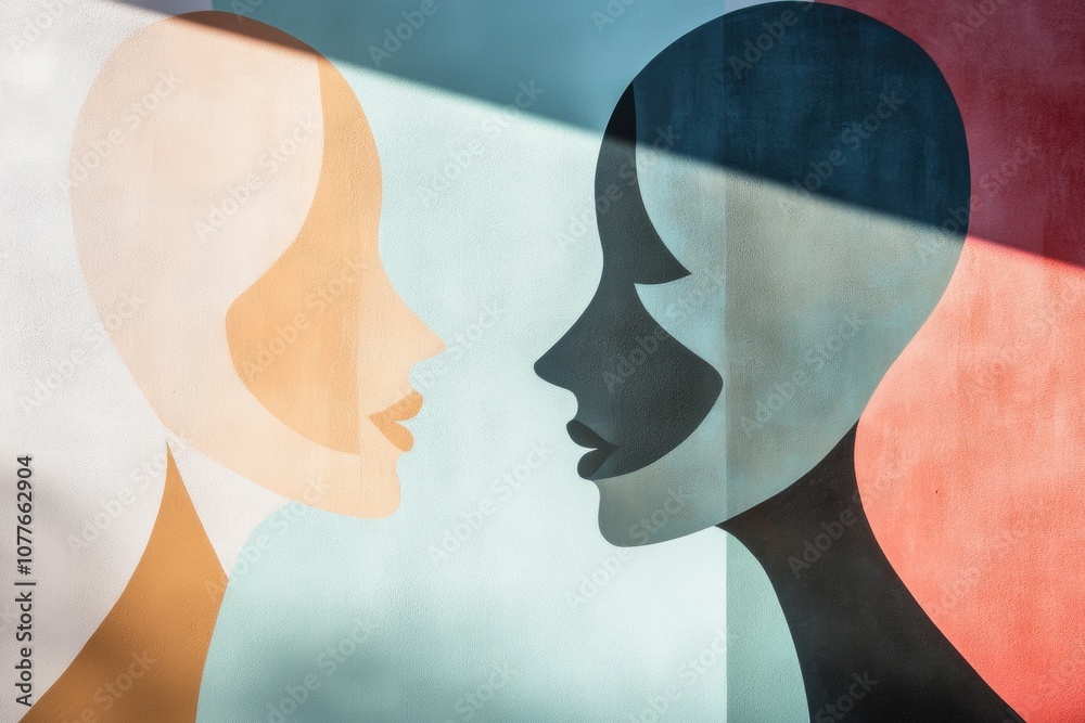 Poster Two abstract faces in soft pastel colors represent communication and empathy, emphasizing connection and understanding between individuals. Generative AI