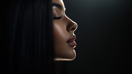 Fototapeta premium Hair model looking into a frameless mirror, her straight, shiny hair reflecting bright studio lights, minimalist dark background enhancing the mirror’s reflection, emphasis on the sleek,