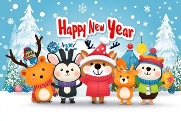 Fototapeta premium Cute Woodland Animals Celebrate New Year