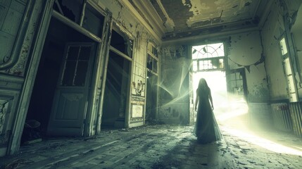 Female ghost walking in old abandoned building, AI generated image