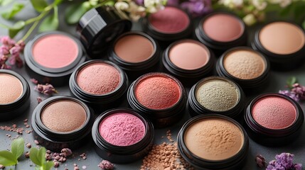 Arrange Foundation with Contrasting Color Blocks on a Beautiful Table Surrounded by Fresh Flowers and Natural Elements for Artistic Makeup Display