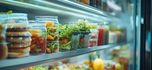 A refrigerator shelf with glass containers filled with fresh salad and other food items.