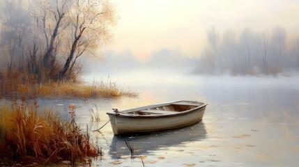 A lone boat sits on a misty lake, surrounded by trees and reeds. The sun is rising in the distance, casting a warm glow over the scene.