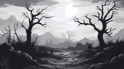 A barren landscape in monochrome. Monochrome. Illustration