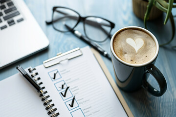 Check to do list or goal  in the paper clipboard with coffee cup and glasses. Job schedule, event planning, and reminder.