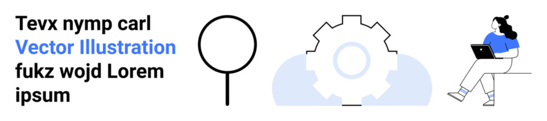 Magnifying glass, gear, and a woman with a laptop. Ideal for technology, business solutions, research, analysis, productivity, teamwork, and innovation. Landing page