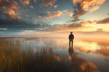 Fototapeta premium Silhouetted figure in wetlands during a vibrant sunset, reflecting colors across the water and sky.