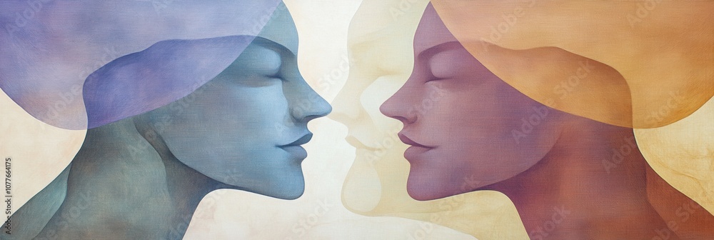 Poster Two abstract silhouettes in soft pastel shades illustrate the power of communication and empathy through their intimate connection. Generative AI