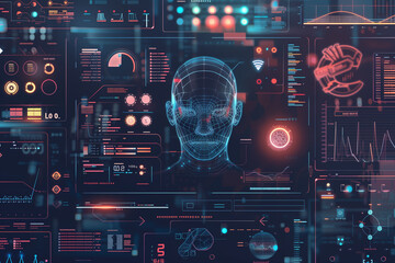 Obraz premium Futuristic facial recognition technology human face with data of AI biometric holographic system. artificial intelligence identification, monitor, surveillance.