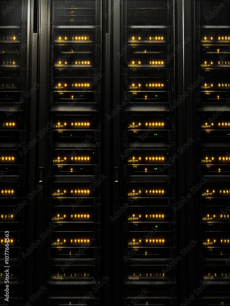 Leinwandbilder several servers glow with blinking indicators in a darkened room, showcasing network activity during