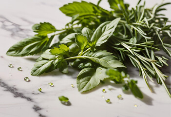 Organic Herbs on Marble with Dewdrops