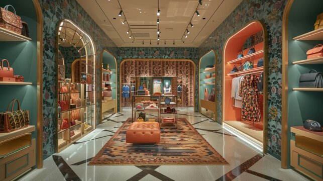 Interior of high-end women's fashion clothing and accessories store, AI generated image