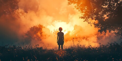 Fototapeta premium Silhouette of a girl standing in a field with a fiery orange sunset and clouds