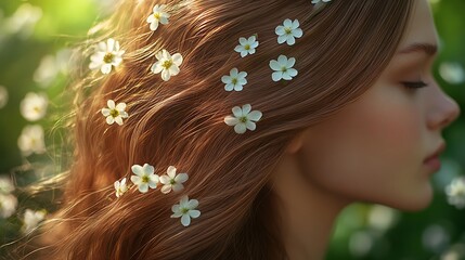 Naklejka premium Hair model with long, glossy hair intertwined with delicate wildflowers, soft natural light highlighting the healthy shine, outdoor forest setting with a blurred, lush green background,