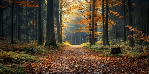 Obraz premium Sunlight through Autumn Trees on Forest Path