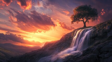 Fototapeta premium A solitary tree stands atop a rocky hill, its branches silhouetted against the soft glow of the setting sun. Below, a waterfall cascades gracefully, creating a peaceful and serene evening scene.
