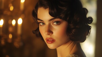 Fototapeta premium Hair model with soft, shiny vintage waves, romantic evening setting, candlelight reflecting off the curls, classic Hollywood vibe, delicate shadows adding depth, luxurious and timeless look,