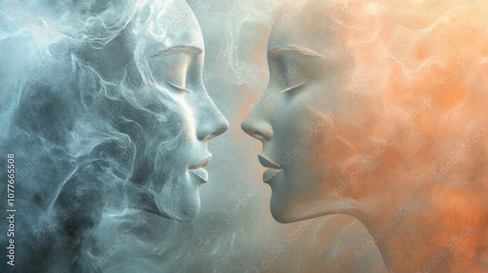 Poster two abstract silhouettes in pastel shades face each other, representing the essence of empathy and u