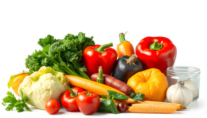 Healthy food concept with fresh vegetables and ingredients for cooking isolated with white highlights, png