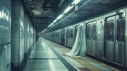 Fototapeta premium Ghost in the middle of a subway corridor, AI generated image