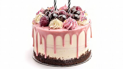 Delightful Birthday Cake with Raspberries and Chocolate Drizzle, Isolated on White Background, Perfect for Celebrations and Special Occasions, Ideal for Stock Images